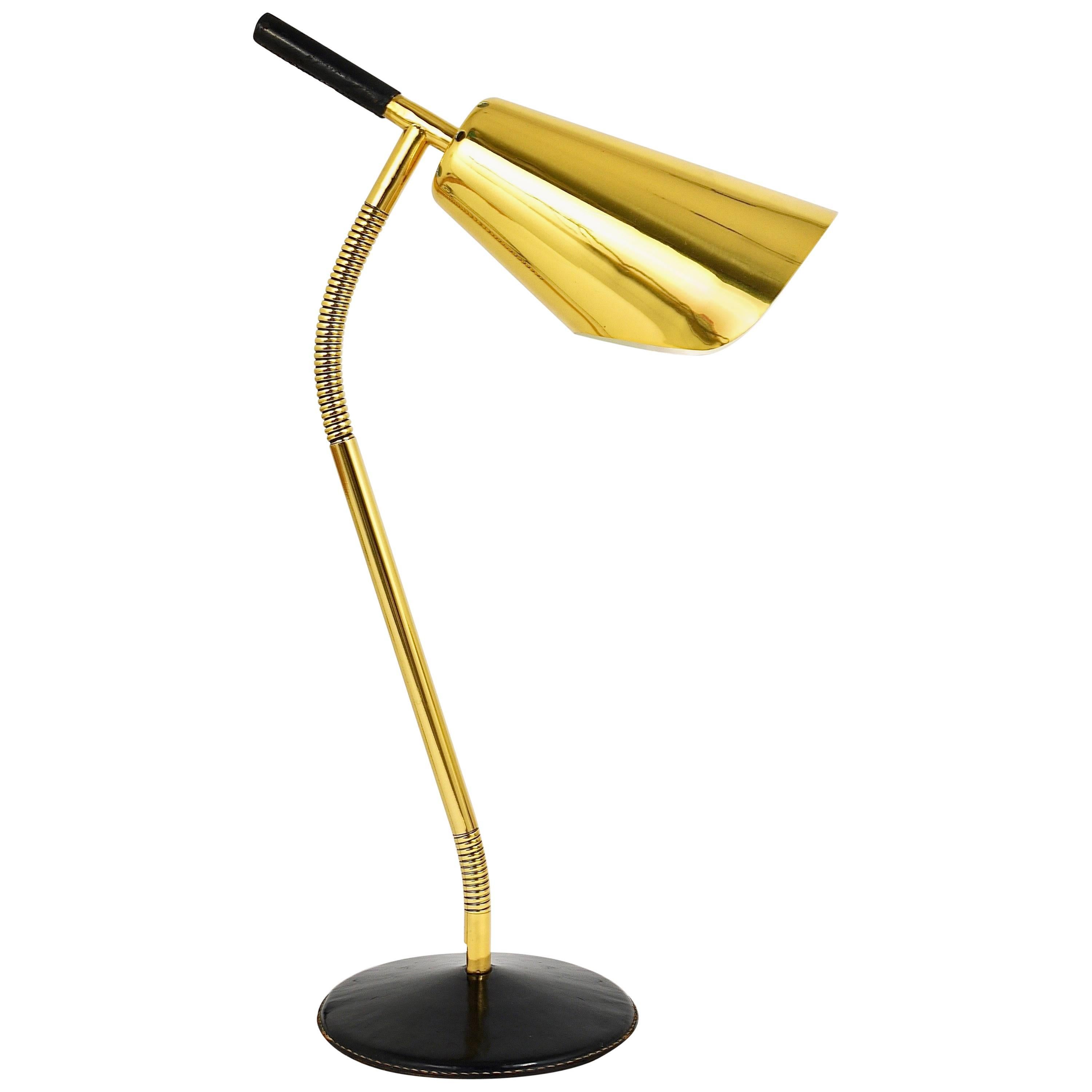 Seltene Carl Aubock Mid-Century-Tischlampe, Schreibtischlampe, Messing, Leder, Österreich