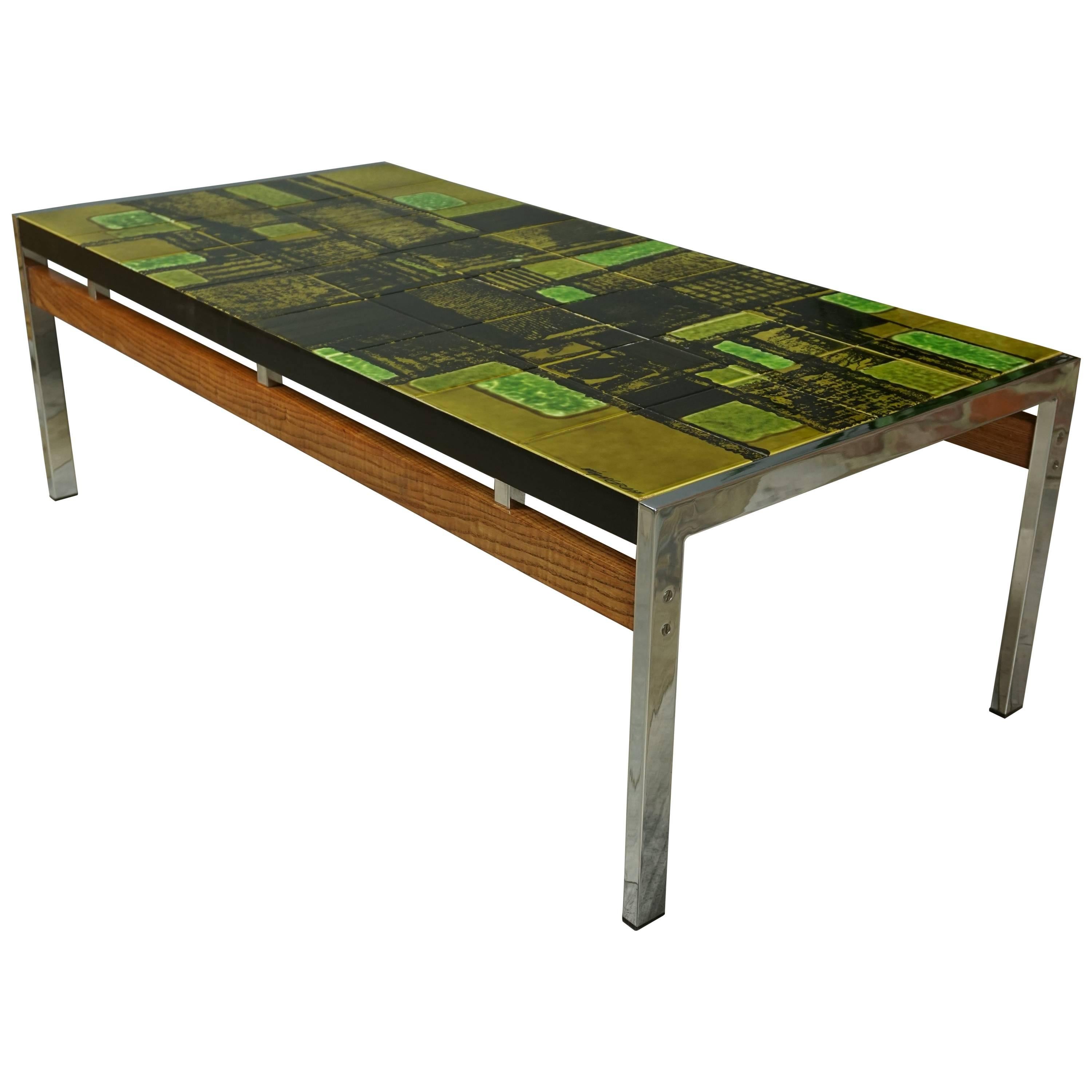 Important Dutch Design Of The 50s Ceramic Chrome And Wood Coffee Table 