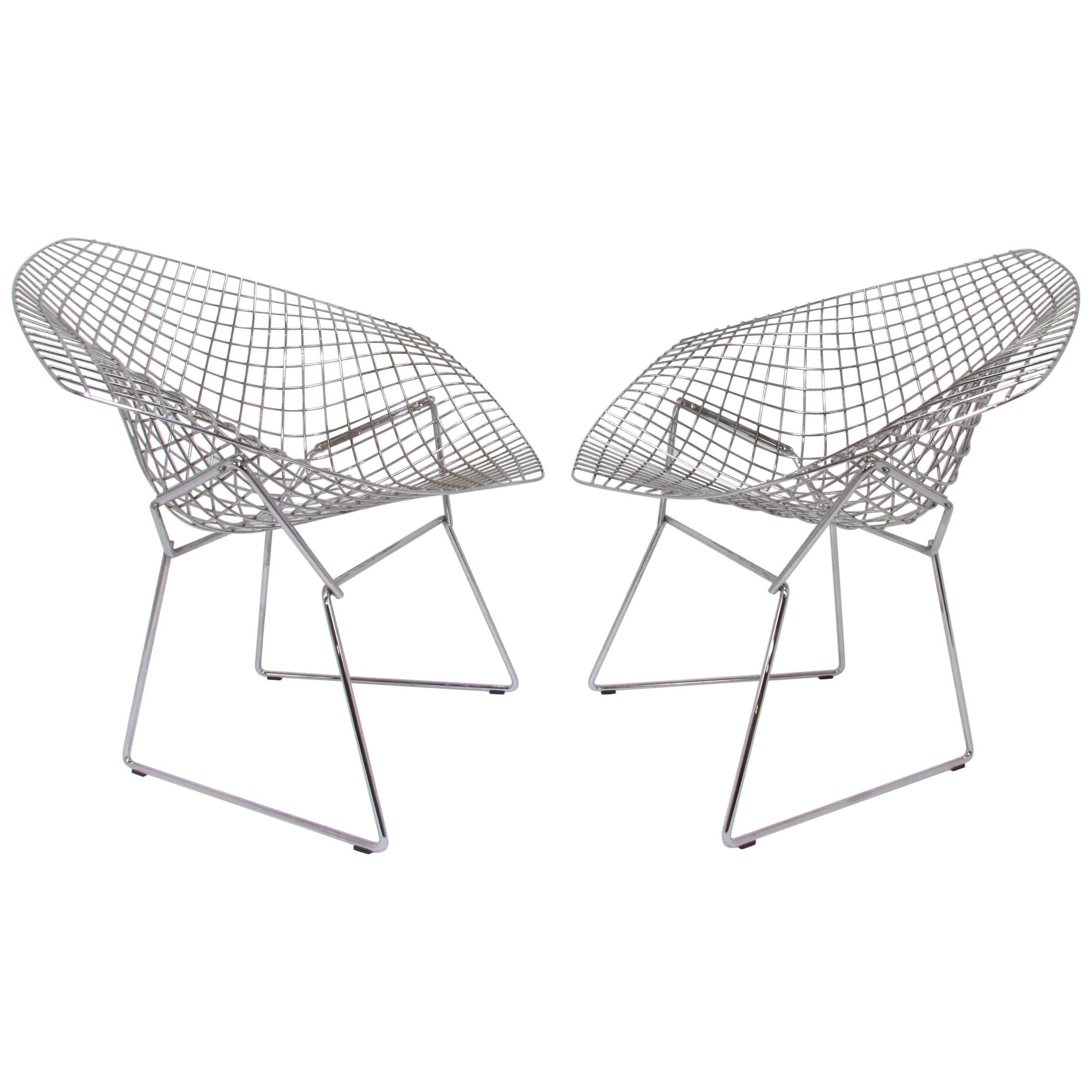 Pair of Signed Knoll Bertoia Diamond Chairs in Stainless Steel