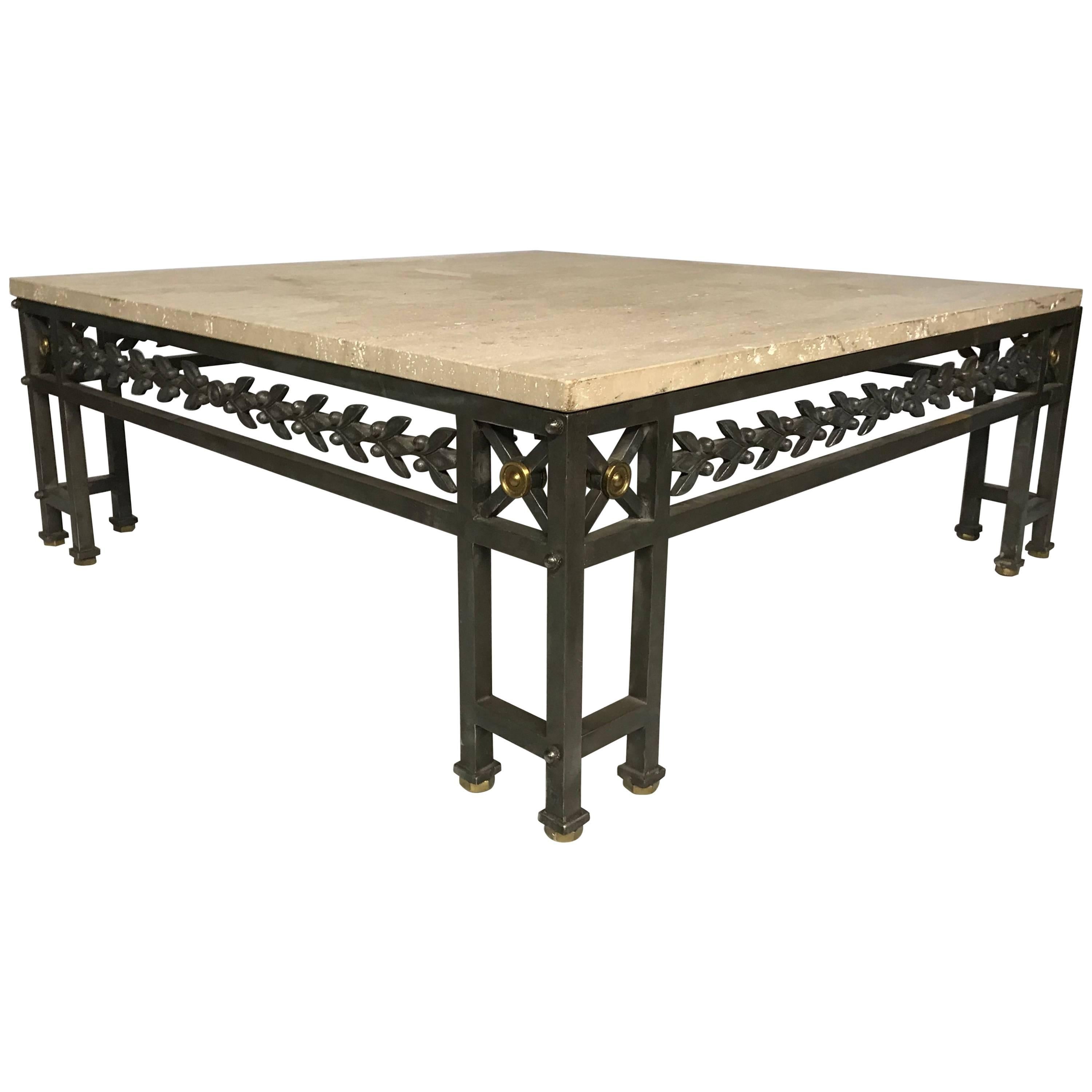 LARGE STONE, STEEL AND BRASS EMPIRE DESIGN COFFEE Table