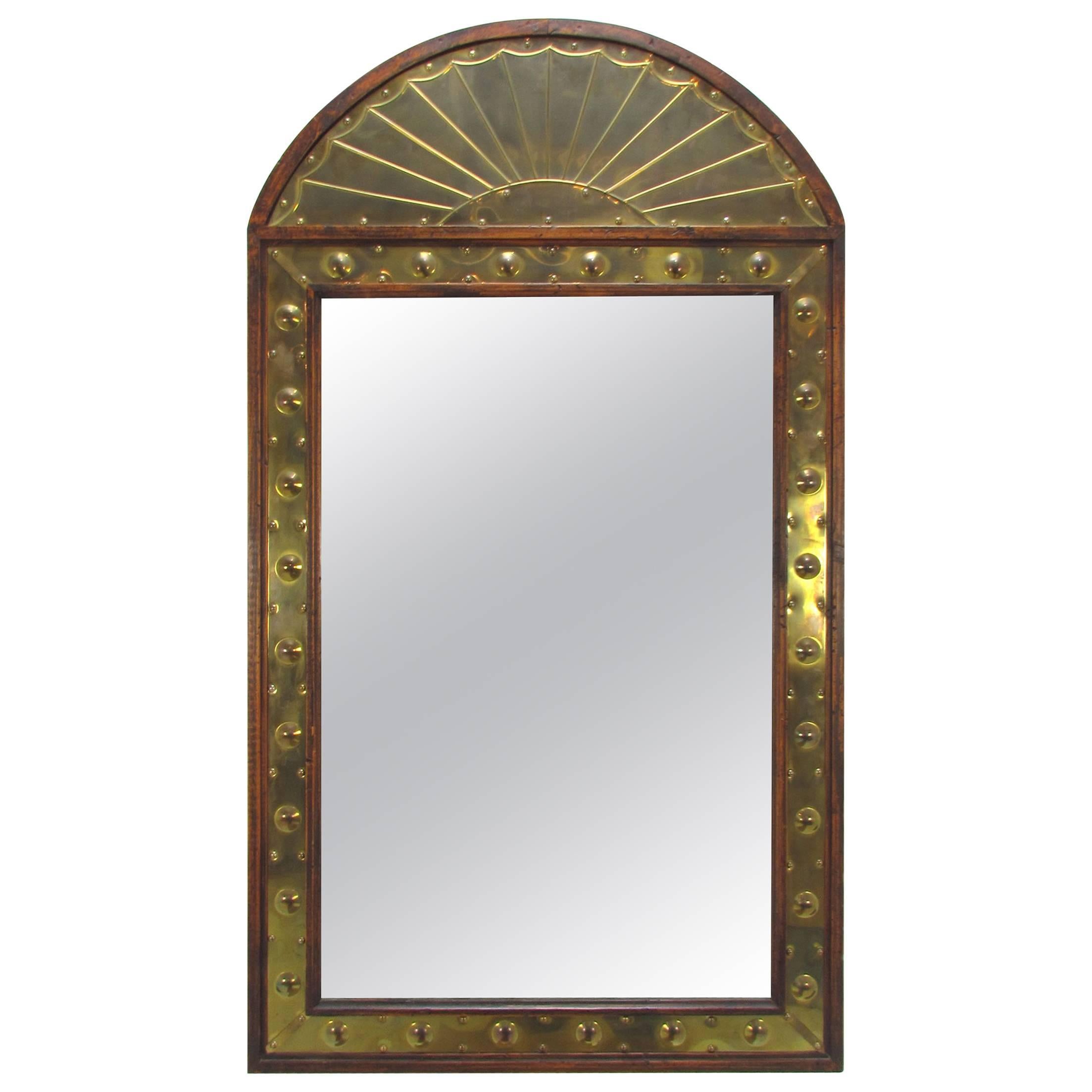 Sarreid Wall Mirror in Brass Repoussé and Wood, Made in Italy