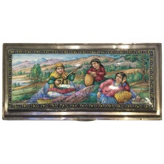 20th Century, Pure Silver Box with enamelled pastoral scene. Isfahan, Iran.