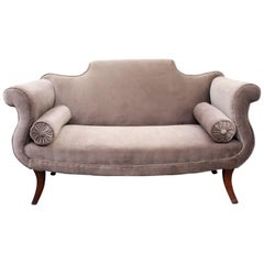 Antique Sabre Legged Regency Sofa Upholstered in Mink Velvet