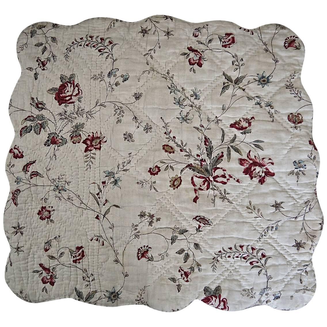 18th Century French Antique Blockprinted Scalloped Square For Sale