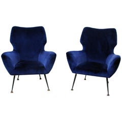 1950s Pair of Midcentury Italian Armchairs in Blue Velvet