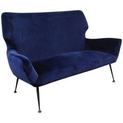 1950s Midcentury Italian Two-Seat Sofa in Blue Velvet