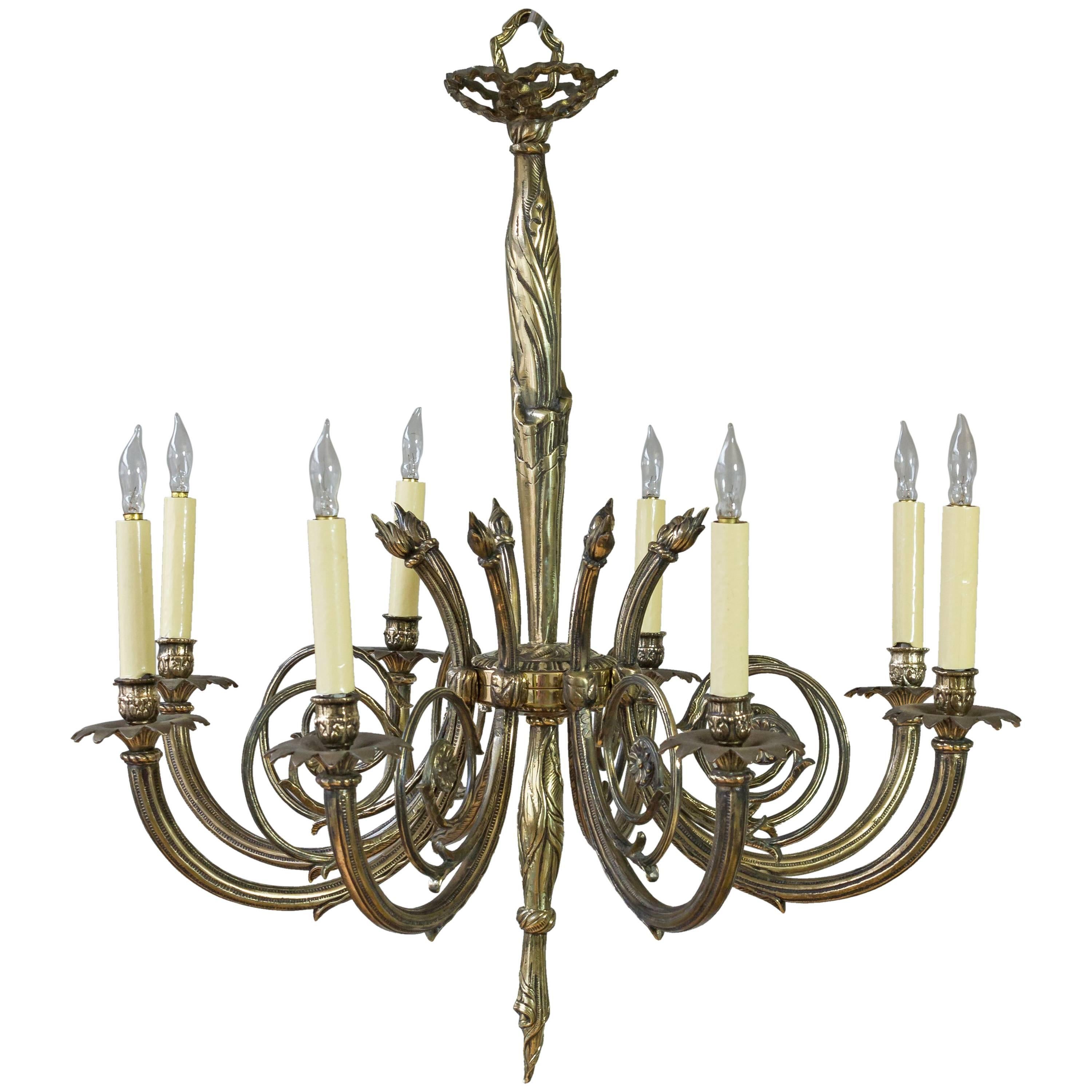 French Art Deco Style Brass and Bronze Eight-Arm Chandelier