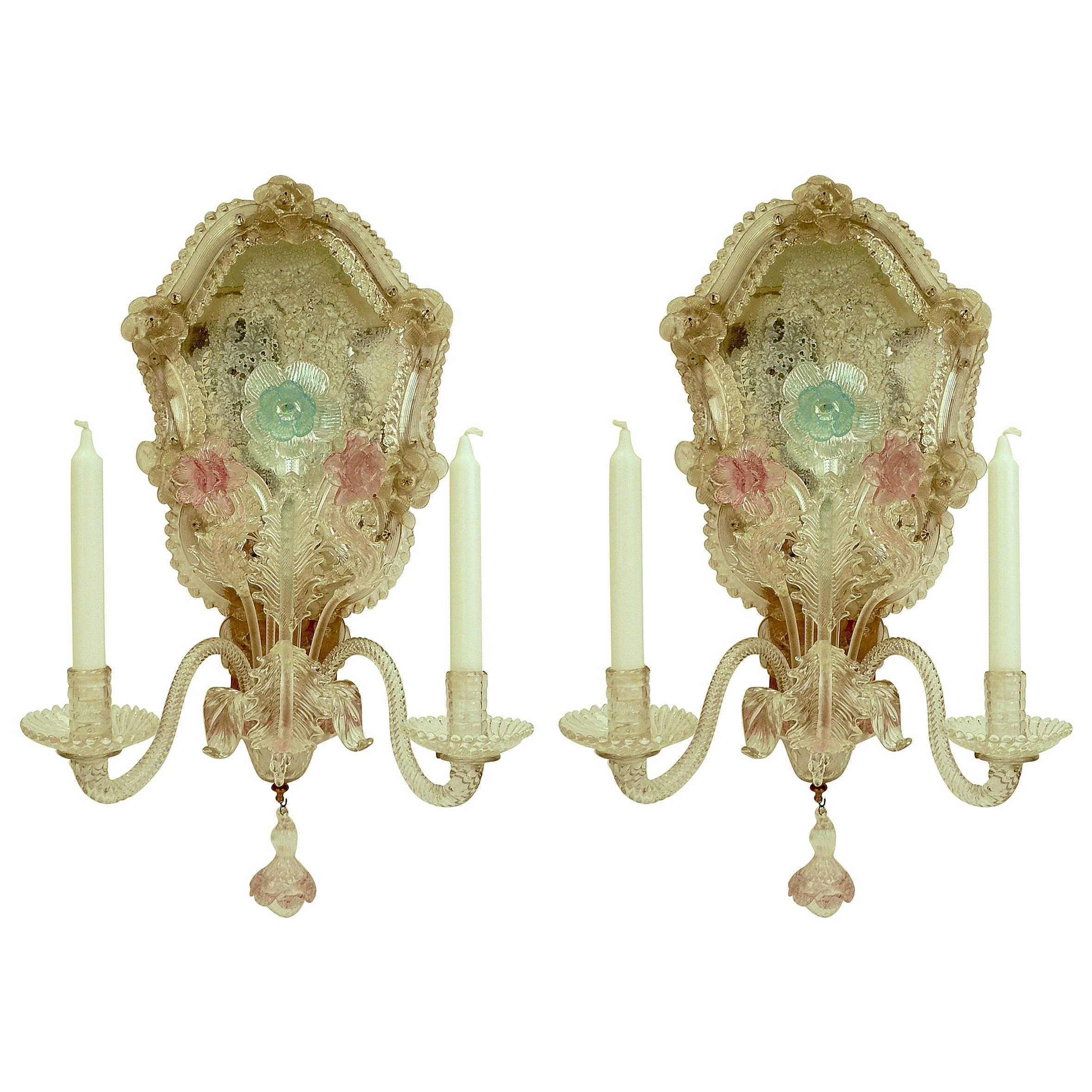 Pair of Early 20th Century Venetian Glass Twin Arm Mirror Back Wall Sconces