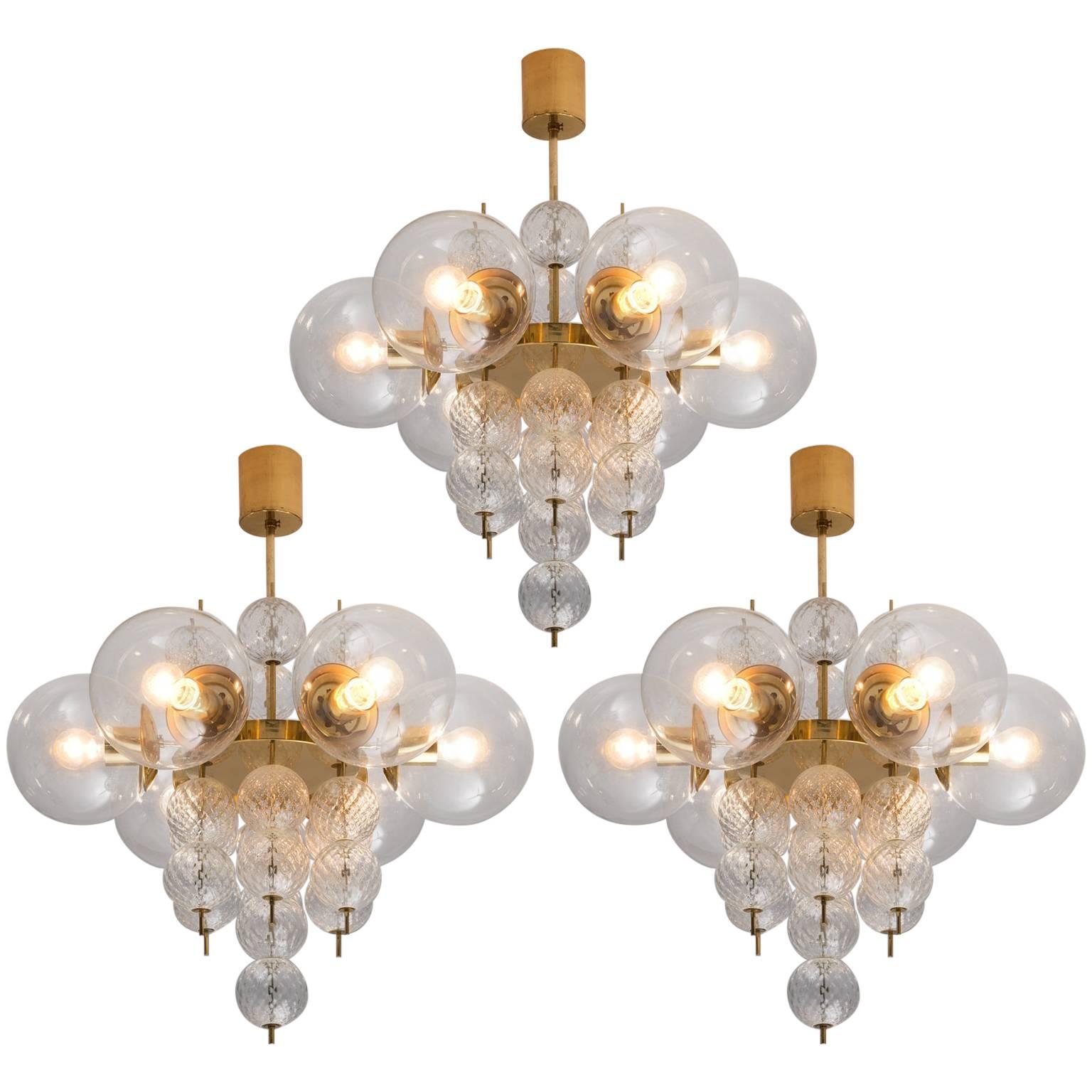 Set of Three Brass and Glass Chandeliers