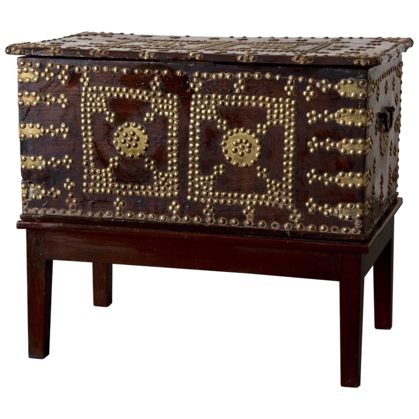 Chest on Stand Rustic Brown Wood Brass Nail Heads