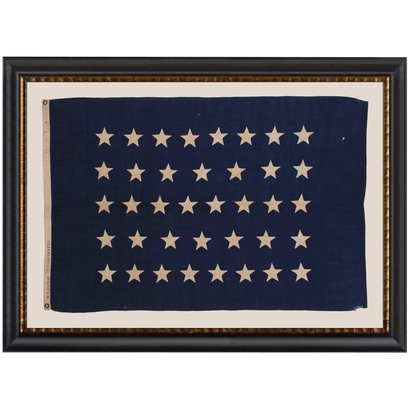 Antique American U.S Navy Jack with 38 Hand-Sewn Stars and a Rare Maker's Mark
