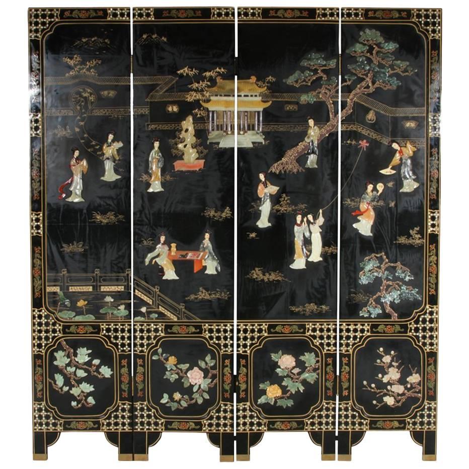Asian Black Lacquered Four Panel Screen With Carved Stone Accents