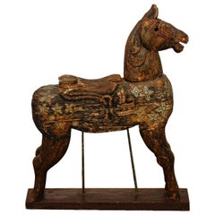 19th Century Wooden Polychrome Carved Mounted Temple Horse