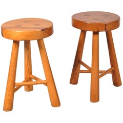 Pair of Pine Wooden Tripod Stools, France 1960