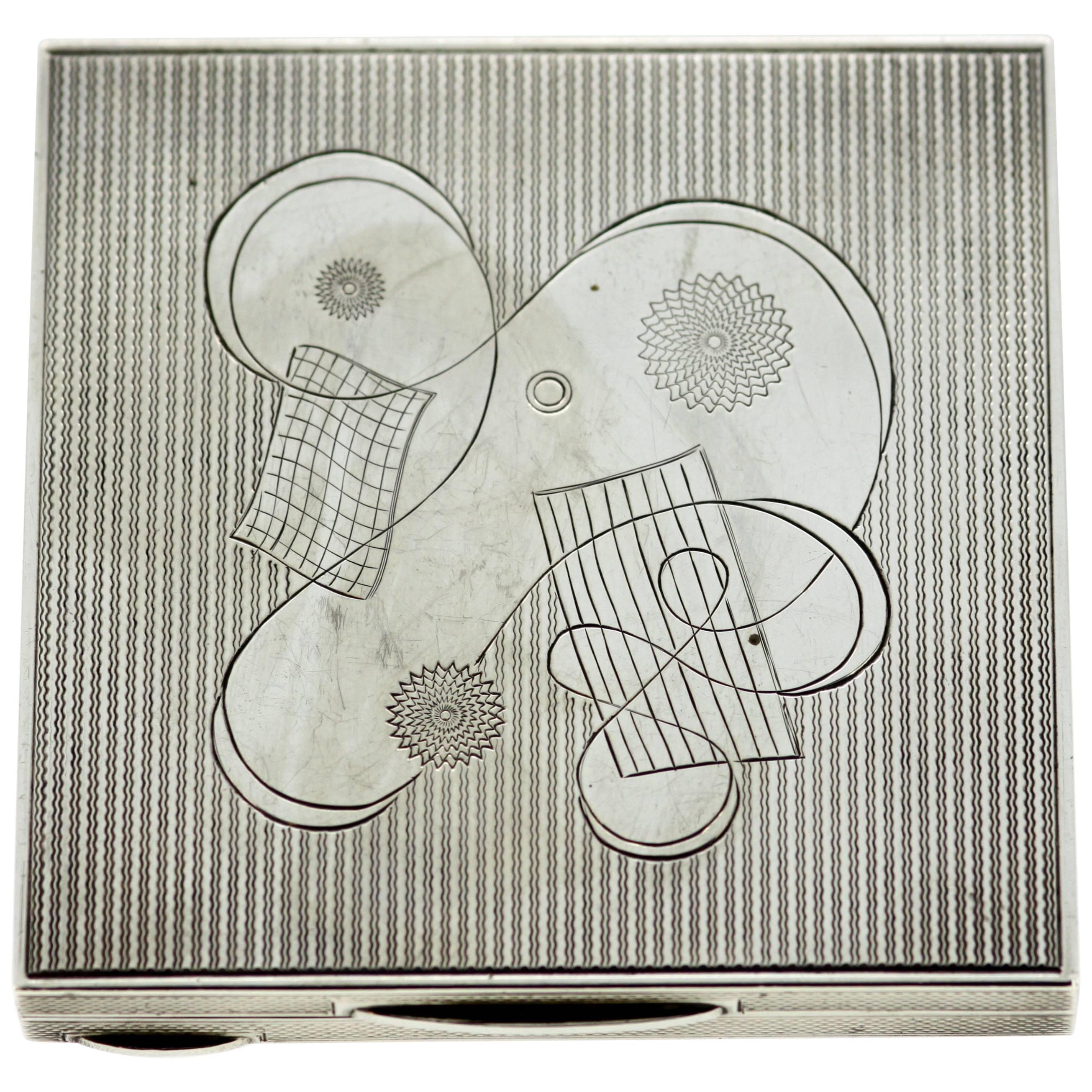 Silver Ladies Compact Box With Decorative Engravings, E Silver & Co, London 1951