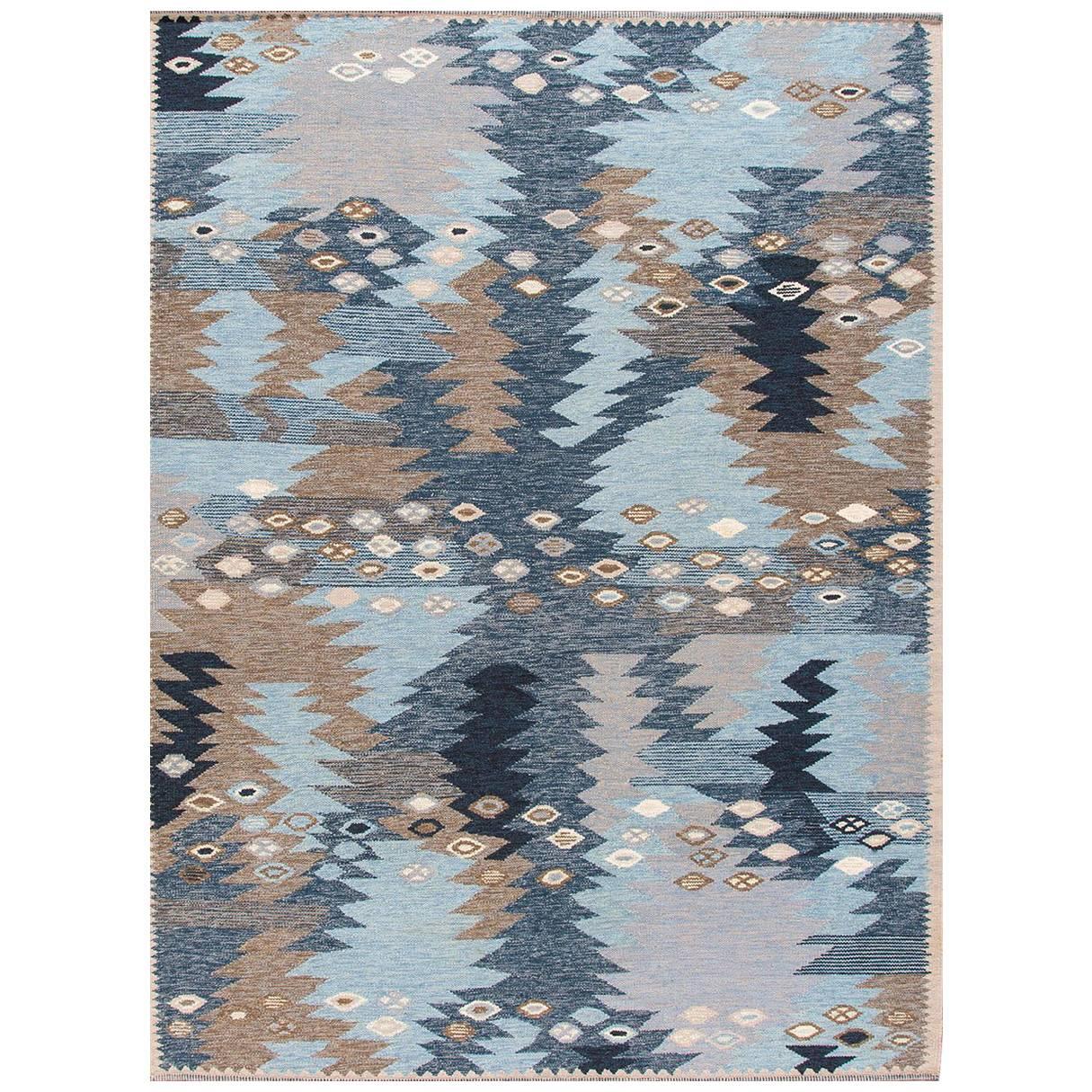 Contemporary Abstract Geometric Blue Swedish style  Rug, 8.08x11.10 For Sale