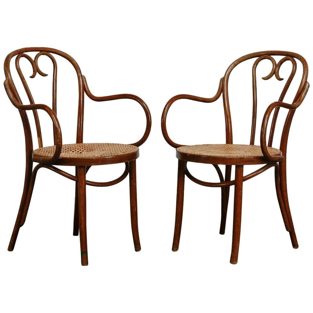 Pair of Thonet Style Bentwood and Cane Armchairs