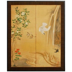 19th Century Japanese Edo Period Two-Panel Hawk Screen