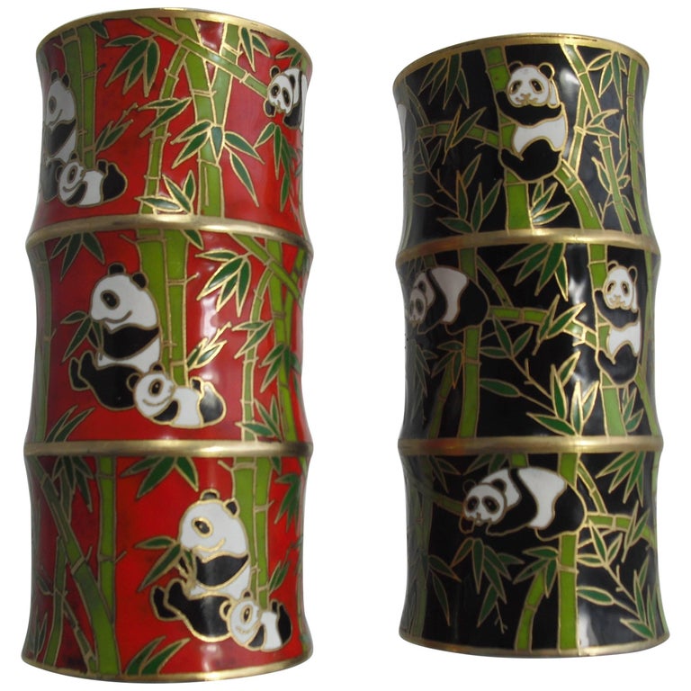 Pair Oriental Brass Cloisonne Bamboo Shape Vases with Panda and Bamboo