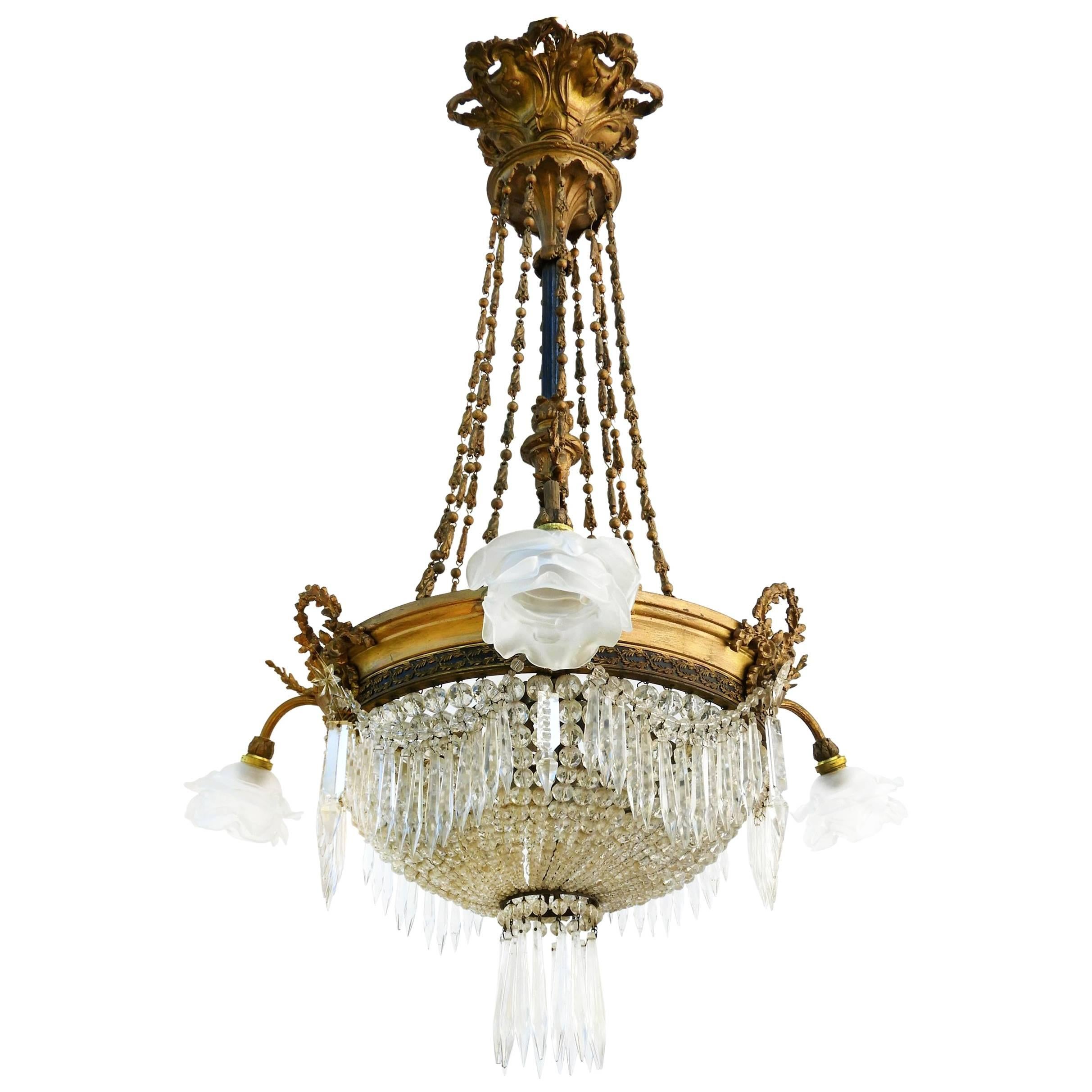 Belle Époque Chandelier French Crystal Gilt Bronze Rose Shades Late 19th Century