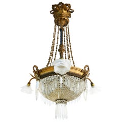 Belle Époque Chandelier French Crystal Gilt Bronze Rose Shades Late 19th Century