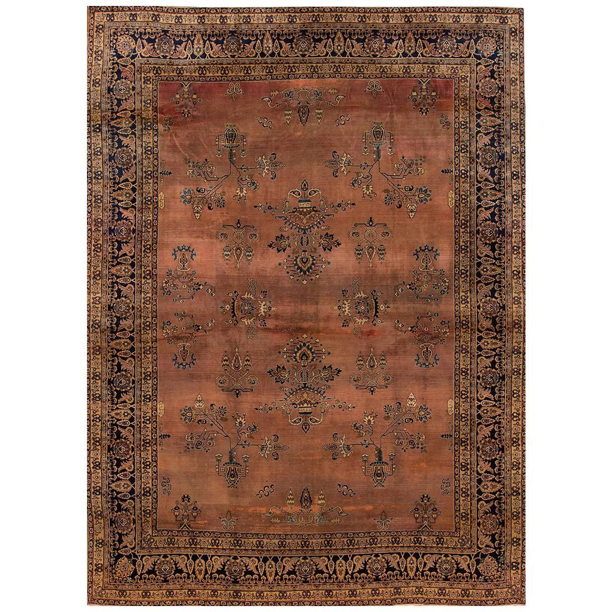 Antique Distressed Brown and Blue Persian Saroukh Rug, 8.09x11.08