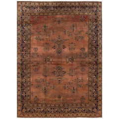 Antique Distressed Brown and Blue Persian Saroukh Rug, 8.09x11.08