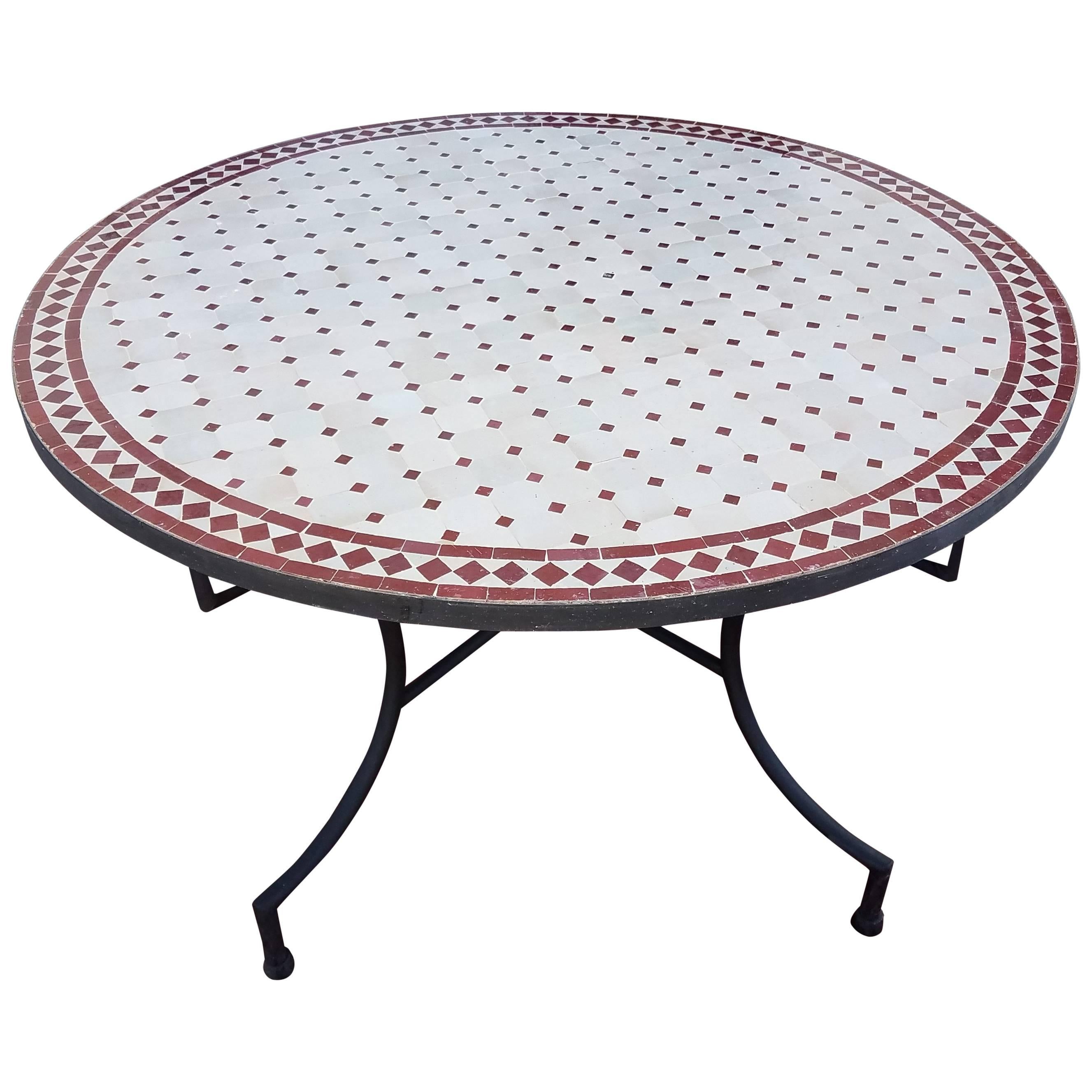 Round Moroccan Mosaic Table, Natural / Burgundy