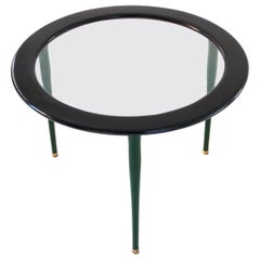 Italian Mid-Century Moder Black Green Glass Brass Wooden Low Coffee Table 1950s