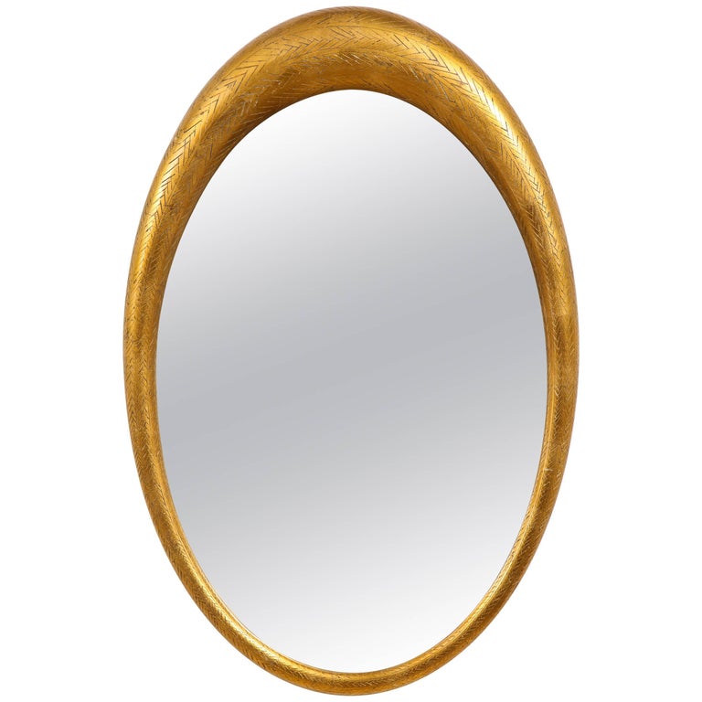 Italian Gilded Wood Oval Modernist Mirror For Sale at 1stdibs