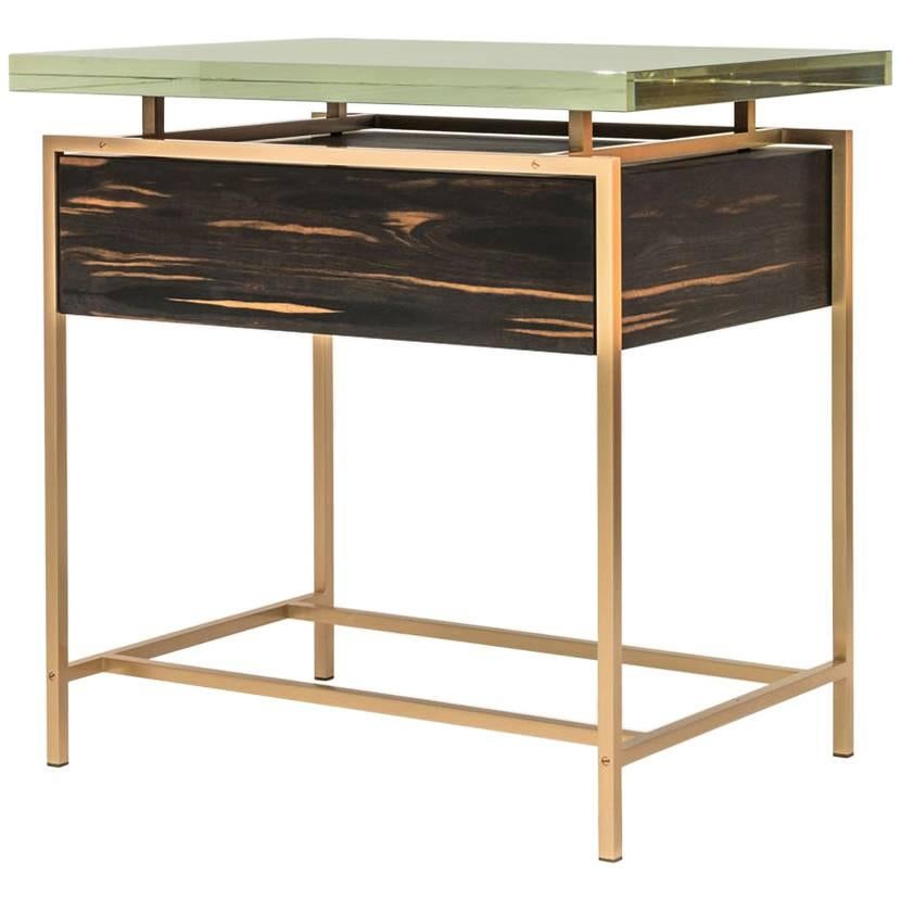 Frazier Side Table with Drawer with Thick Borosilicate Glass Top and Bronze Base