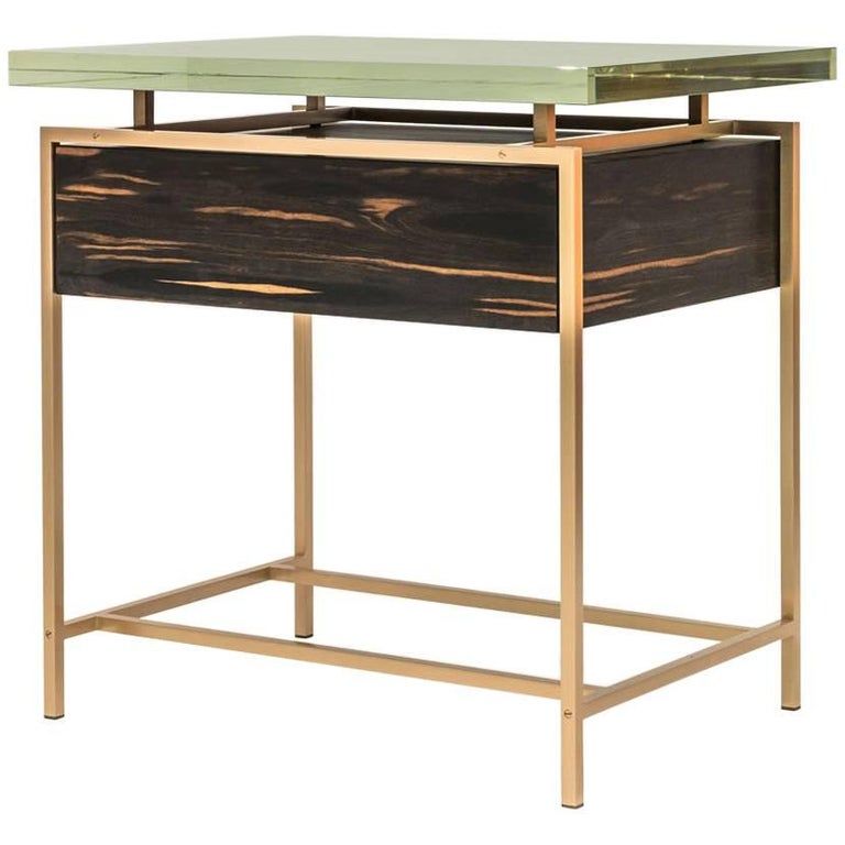 Frazier Side Table with Drawer with Thick Borosilicate Glass Top and Bronze Base For Sale at 1stDibs