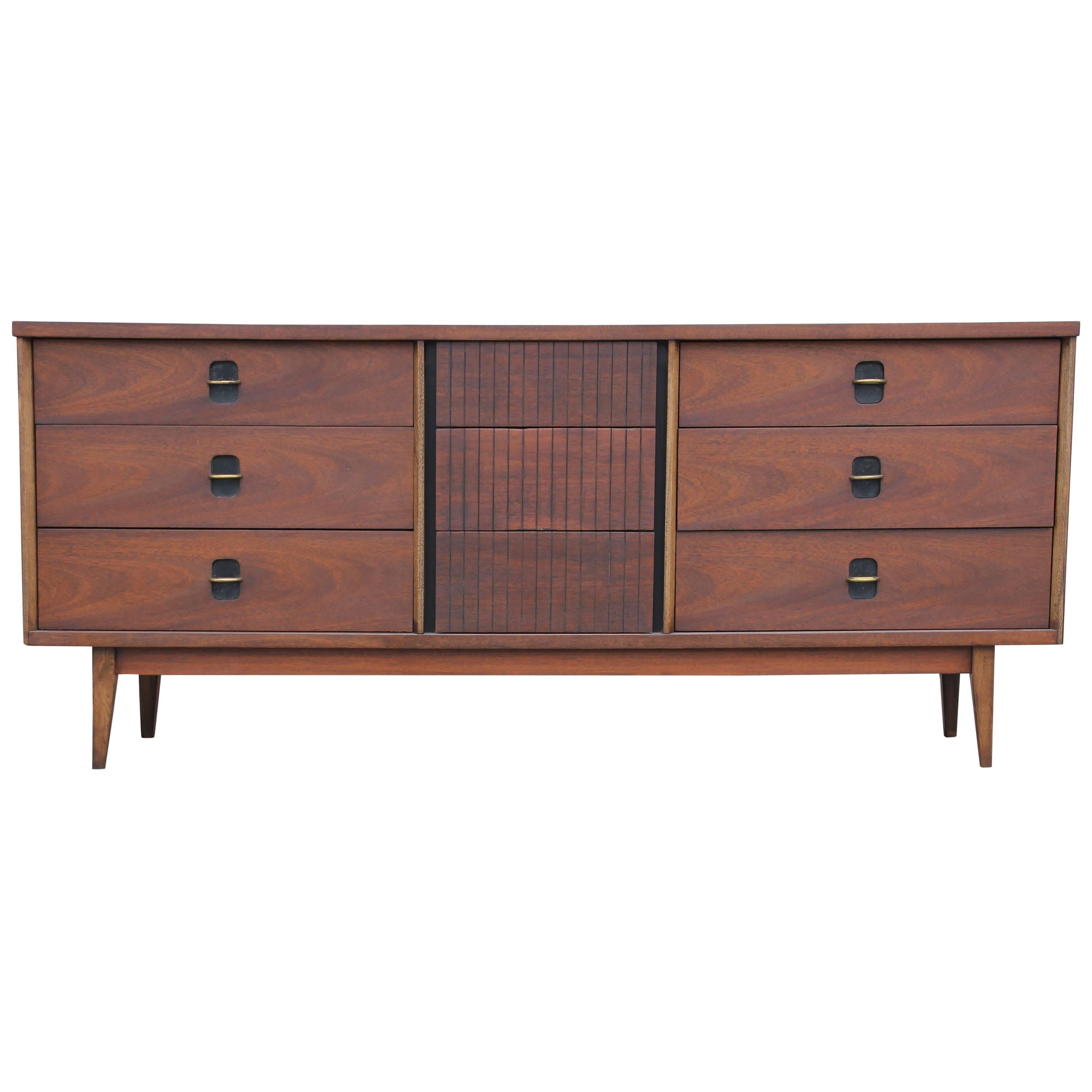 Modern American of Martinsville Style Walnut Nine Drawer Dresser w/ Brass Pulls