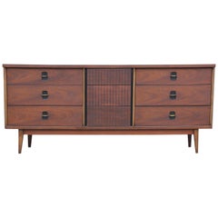 Modern American of Martinsville Style Walnut Nine Drawer Dresser w/ Brass Pulls