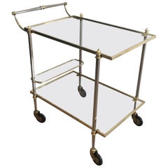 Mid Century Modern French Brushed Steel and Brass Bar Cart by Maison Jansen