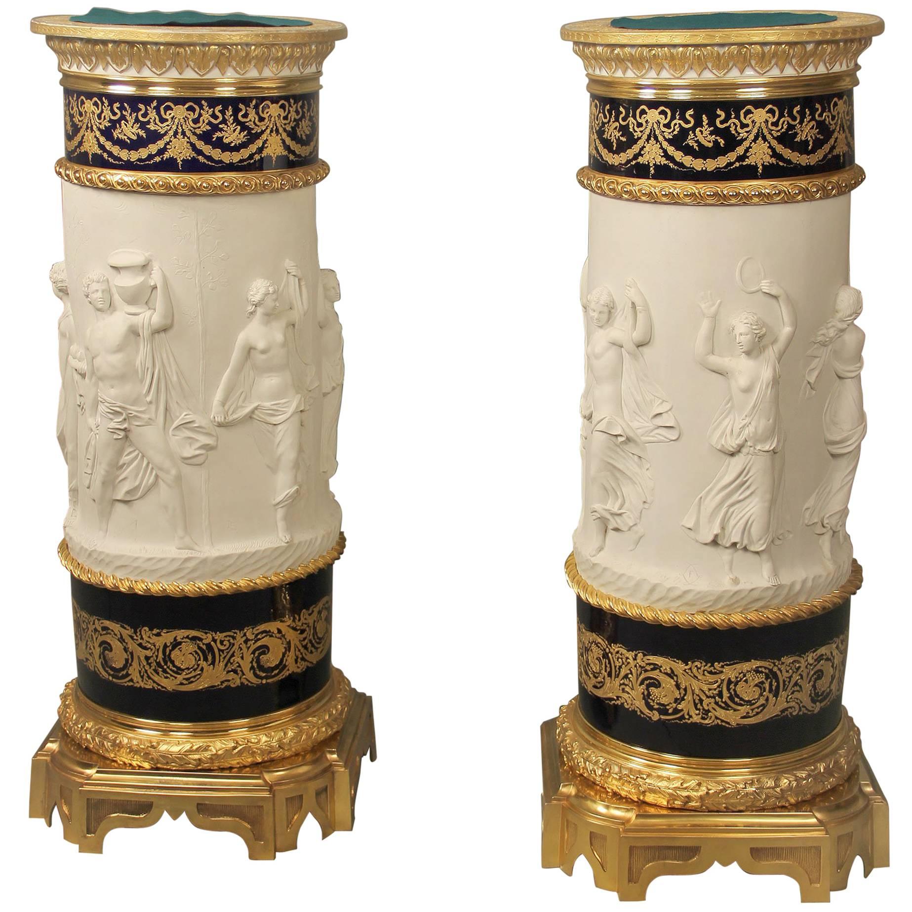 Pair of Late 19th Century Gilt Bronze-Mounted Sèvres Biscuit Porcelain Pedestals