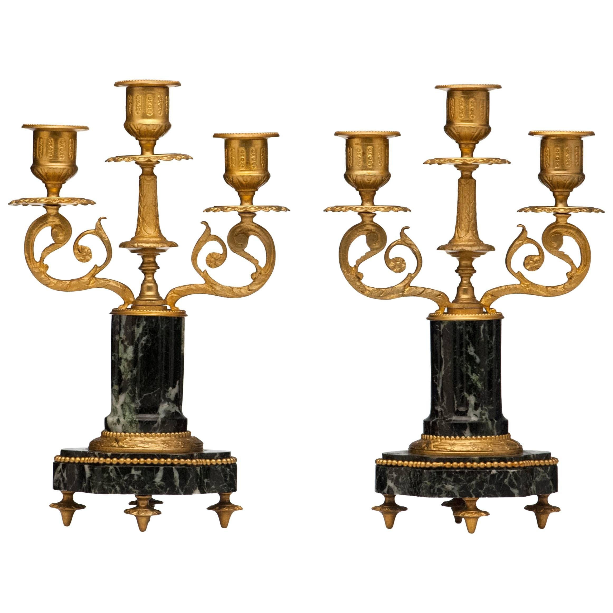 French Antique Pair of Marble and Bronze Candelabra