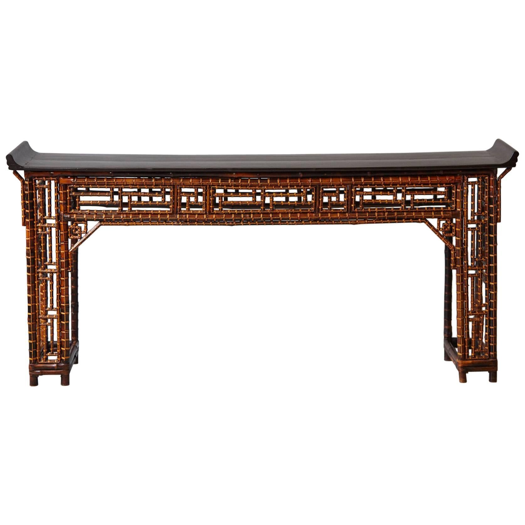 Chinese Bamboo Altar Table with Black Lacquer Top