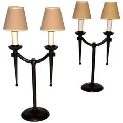 Pair of French Iron Table Lamps after Giacometti Jean Michel Frank Midcentury