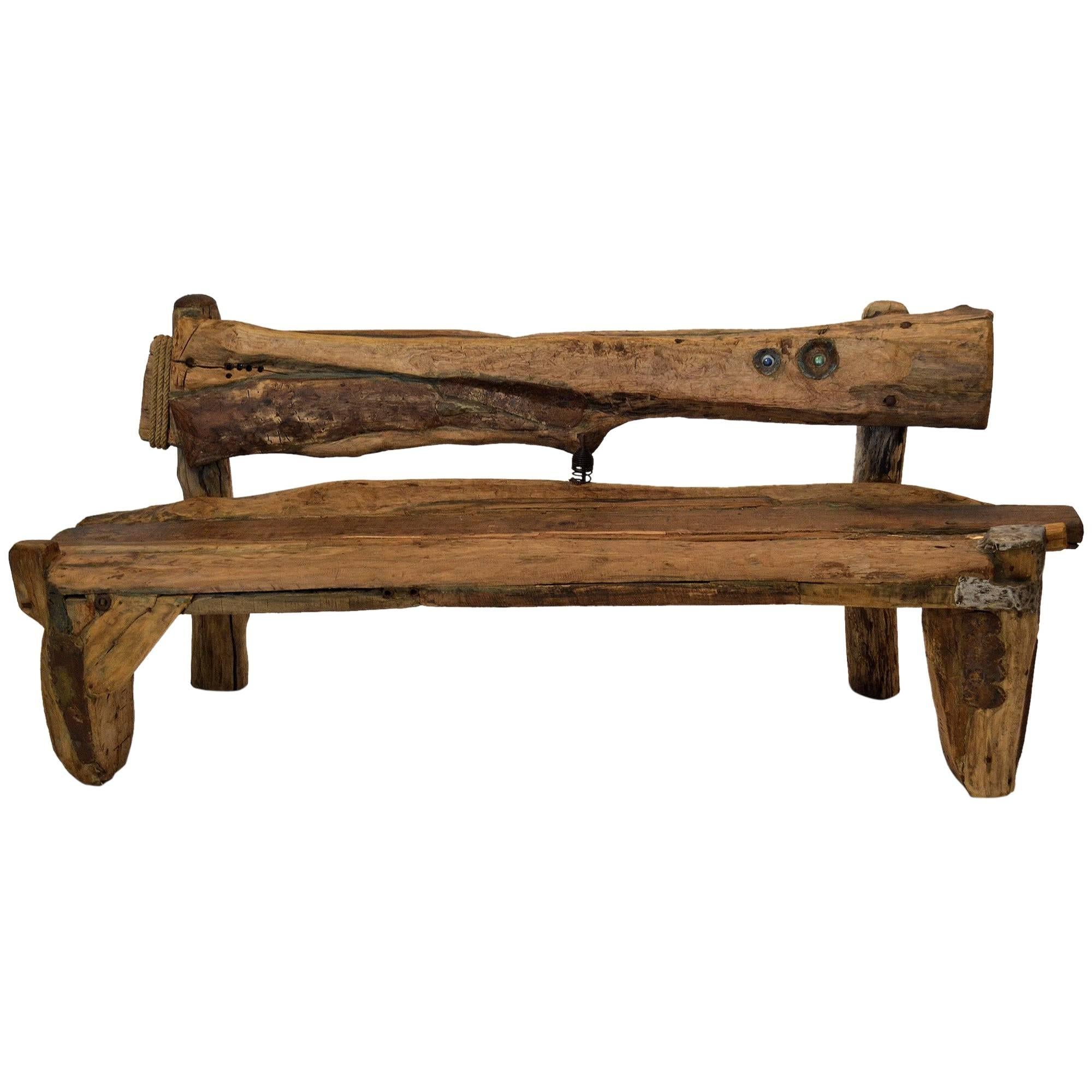 Asian Wood Bench Unique Sculptural Folk Art Reclaimed Found Objects Studio