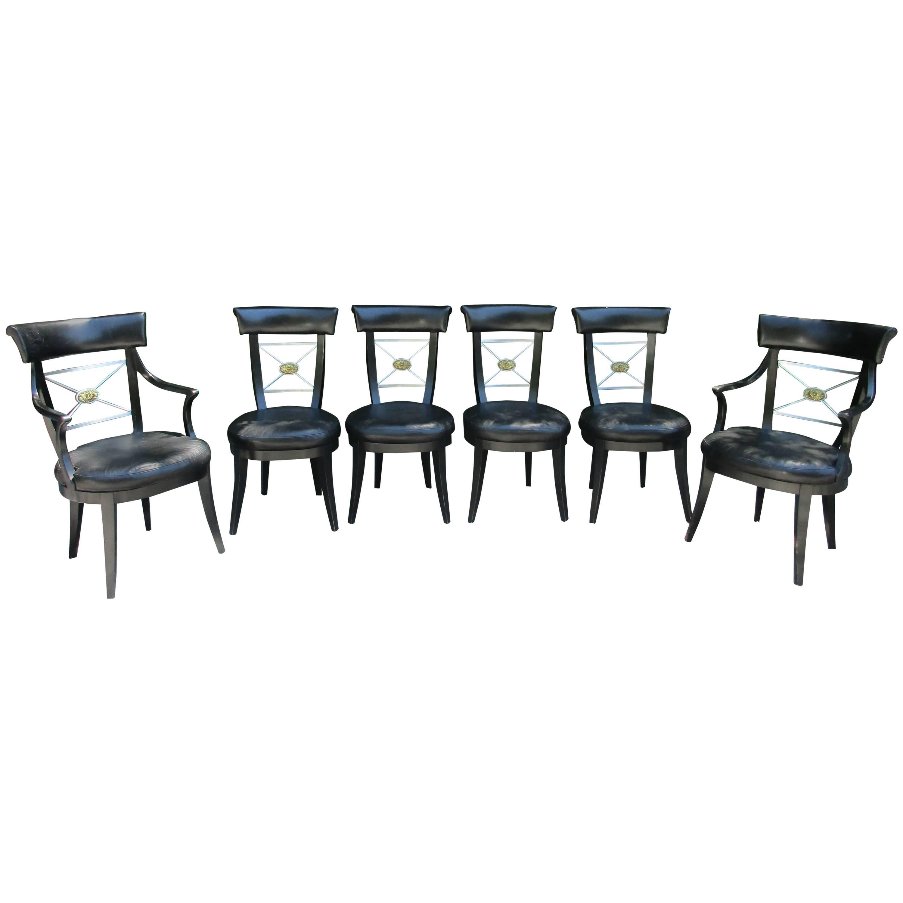 Set of Six Mid Century Neoclassical Black Leather and Bronze Dining Chairs