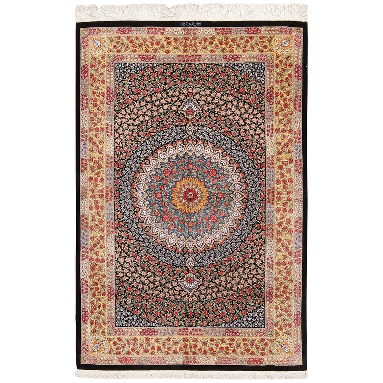Vintage Qum Wool And Silk Rug Mustard Blue Red Colors For Fl Silk Vintage Qum Persian Rug