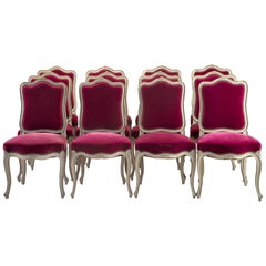 Set of 12 French Painted Chairs with Magenta Velvet Upholstery