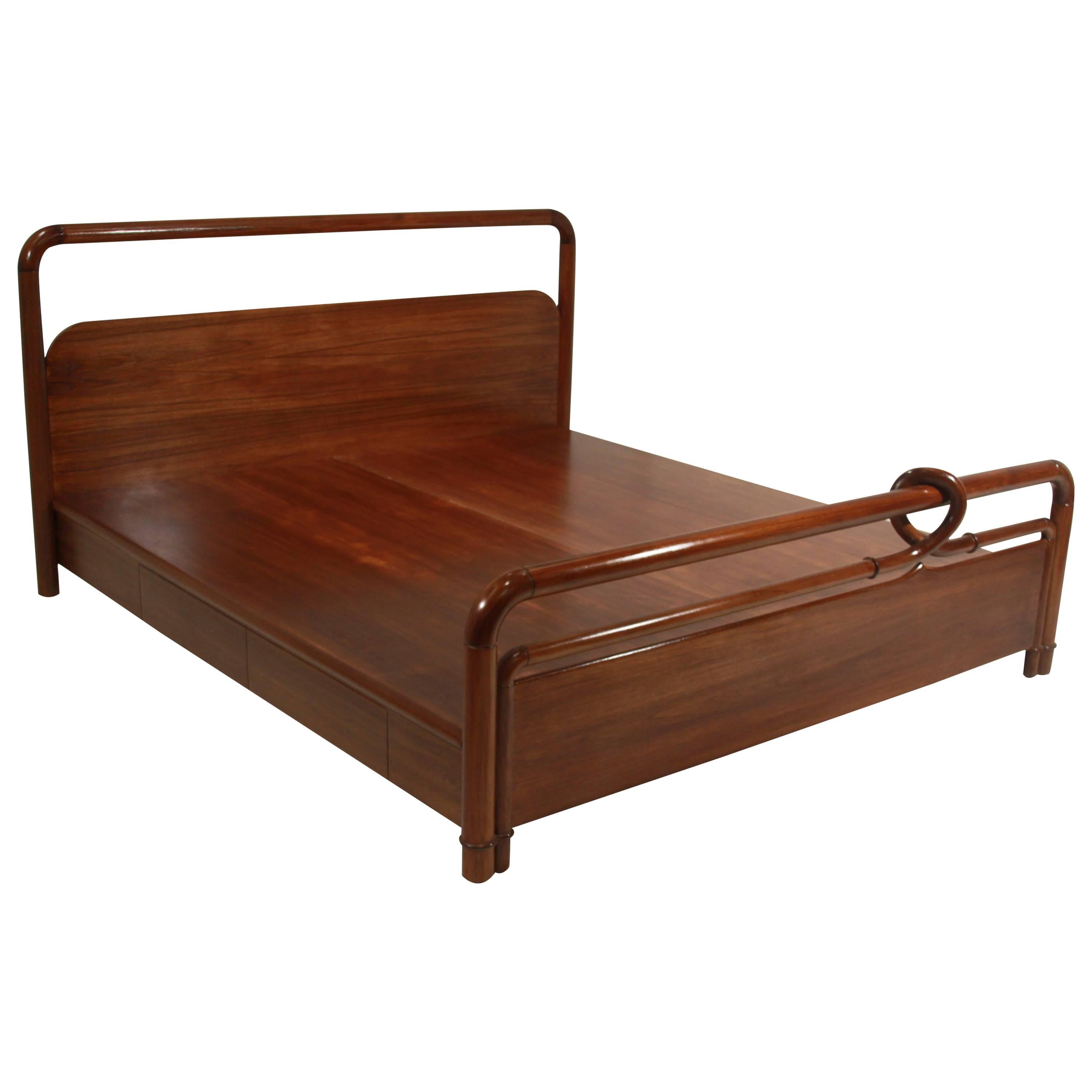 Carved Teak and Bentwood Craftsman Revolution Style Platform Bed For Sale