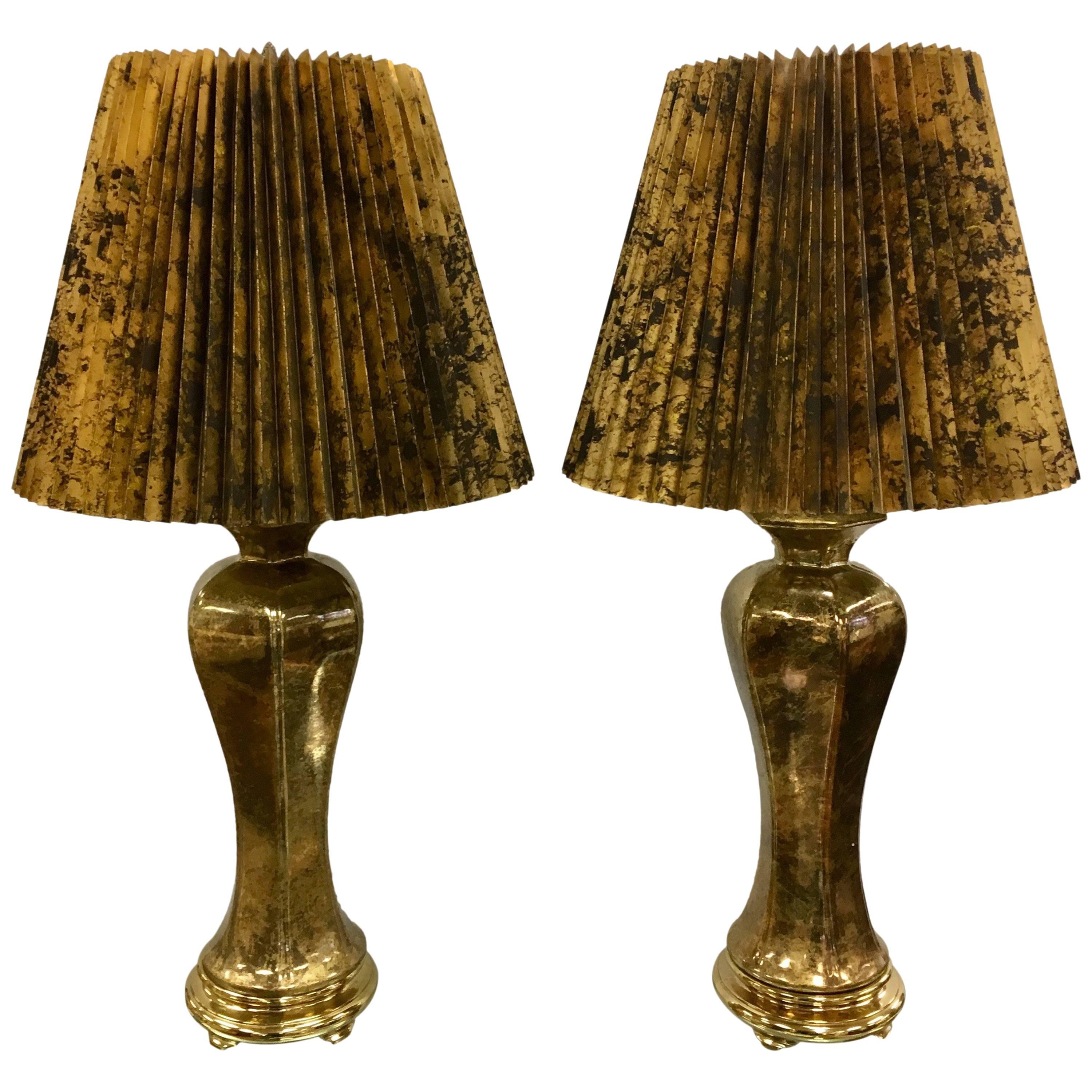 Pair of Monumental Hollywood Regency Glazed Gold Urn Form Table Lamps