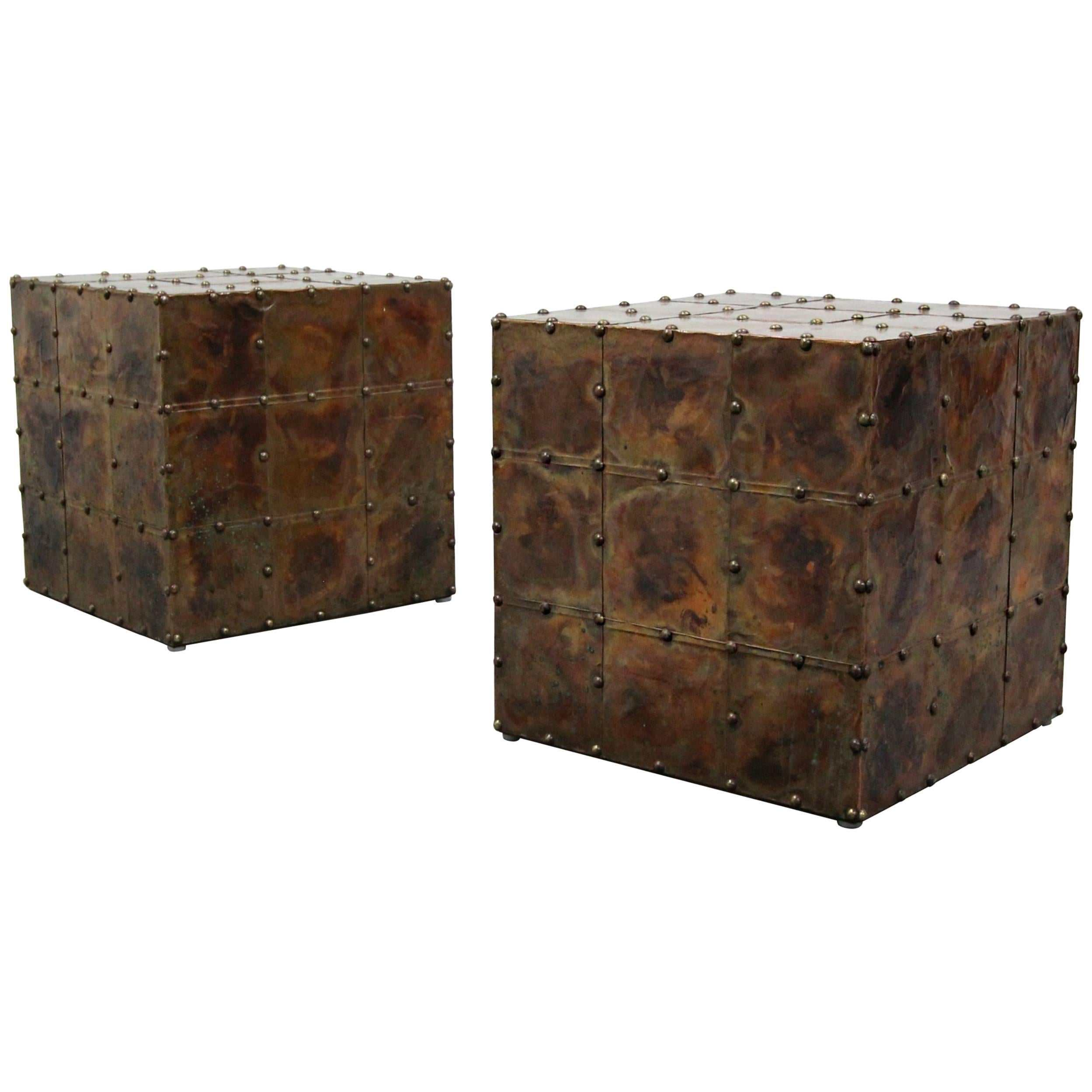 Pair of Patinaed Copper Cube Side Tables Made in Spain by Sarreid