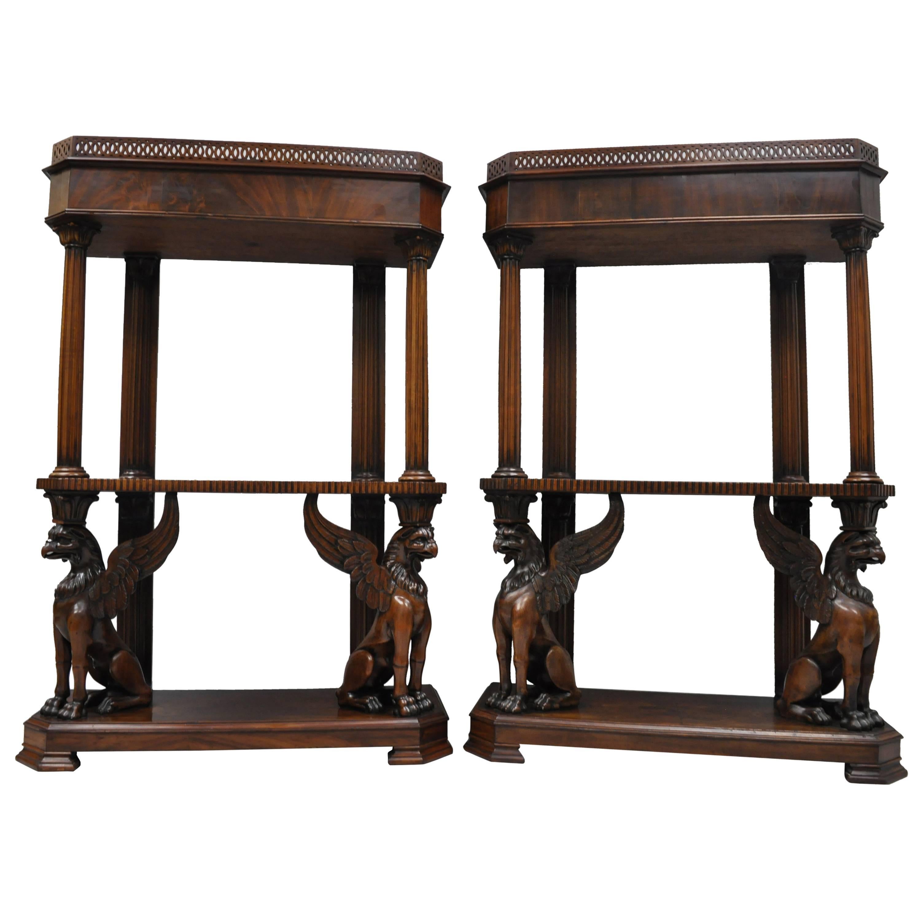 Pair of Mahogany Regency Style Carved Griffin Bookcase Curio Stands Horner Style For Sale