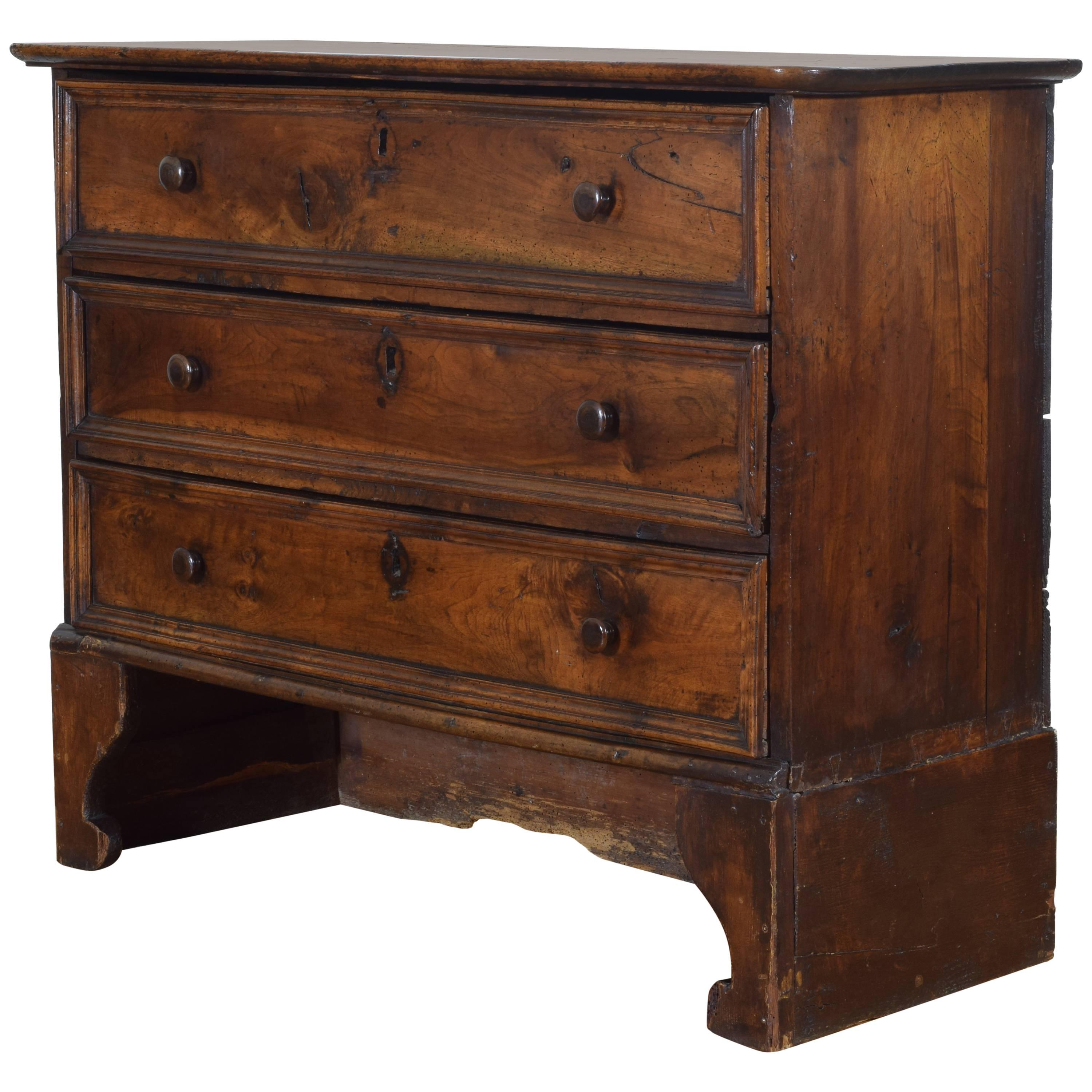 French Late Baroque Walnut Three-Drawer Commode on Bracket Feet, 18th century