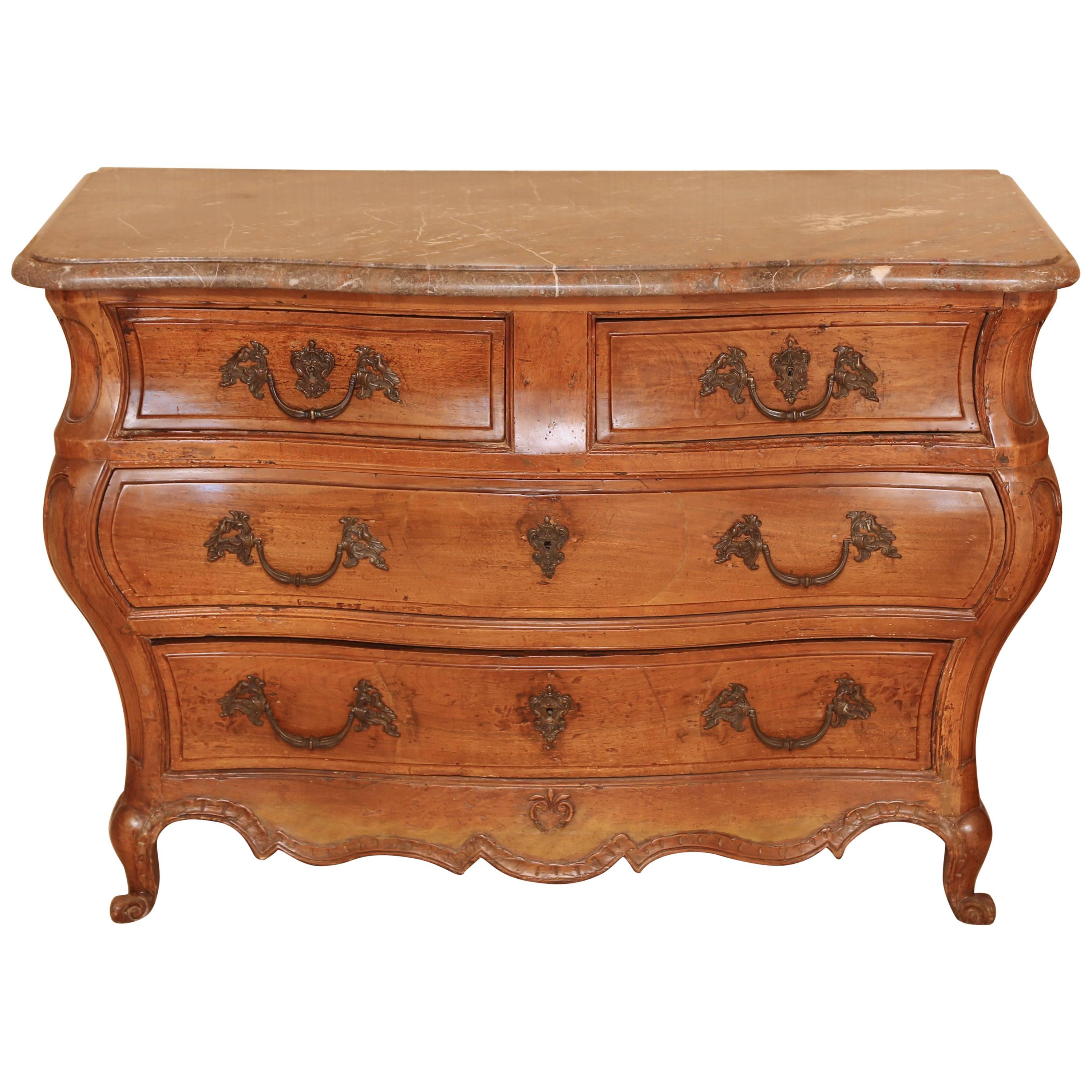 Louis XV Marble Top Walnut Bombé Commode For Sale at 1stDibs