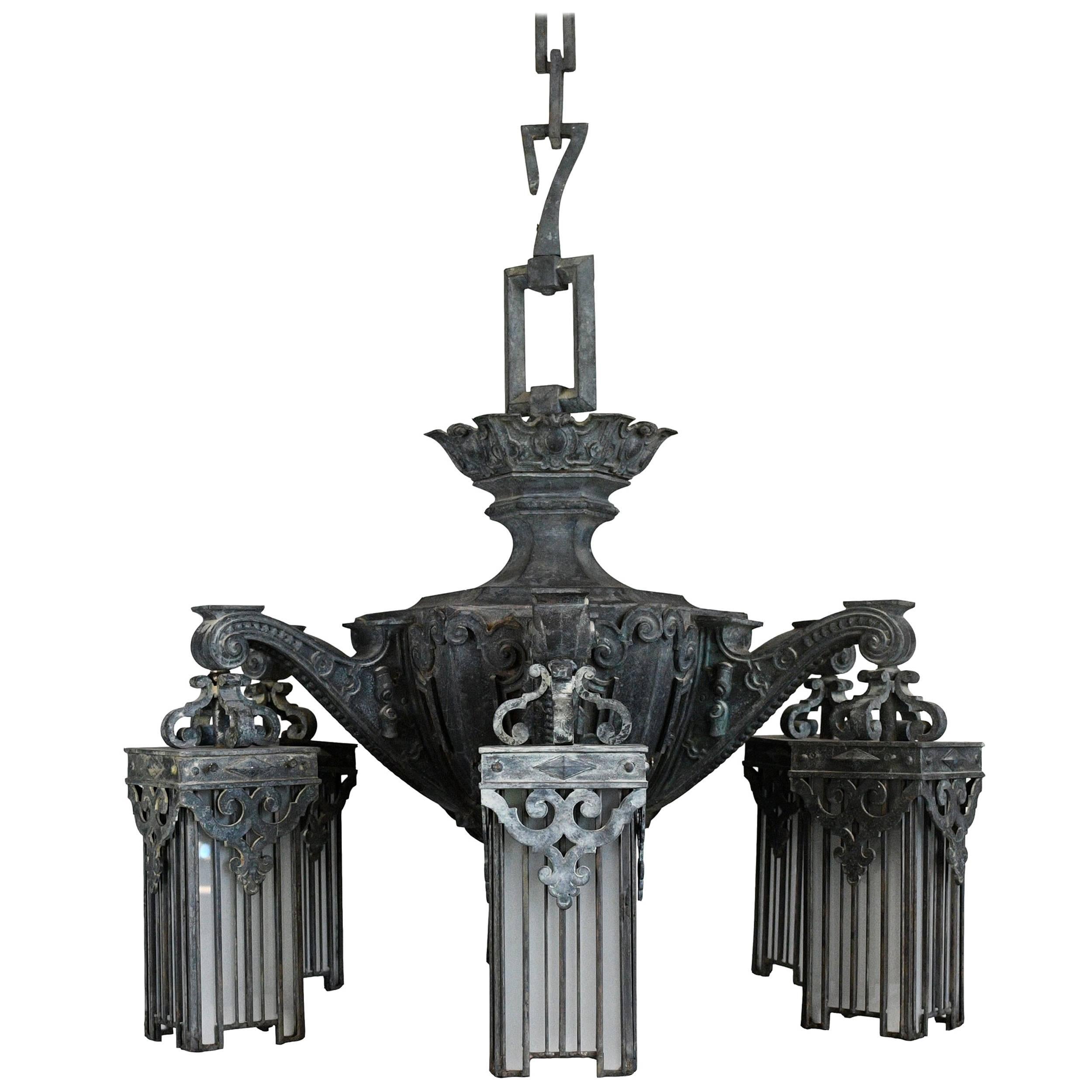 Cast Bronze Victorian Chandelier with Leaded Glass Shades